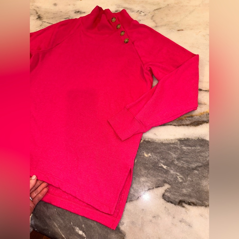 EUC J Crew Pink Chic Button-Detail Mock Neck Sweater Top Size Medium - Picture 3 of 11